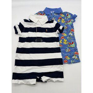 Ralph Lauren Baby Polo Rompers 12M Blue Fish Print & Navy/White Stripes 100% Cot